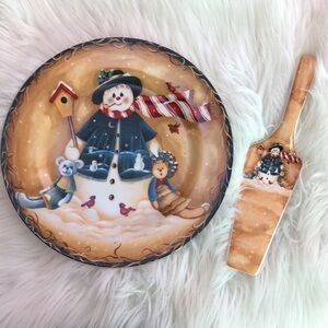Christmas Cake Plate & Matching Server snowman holiday snow set